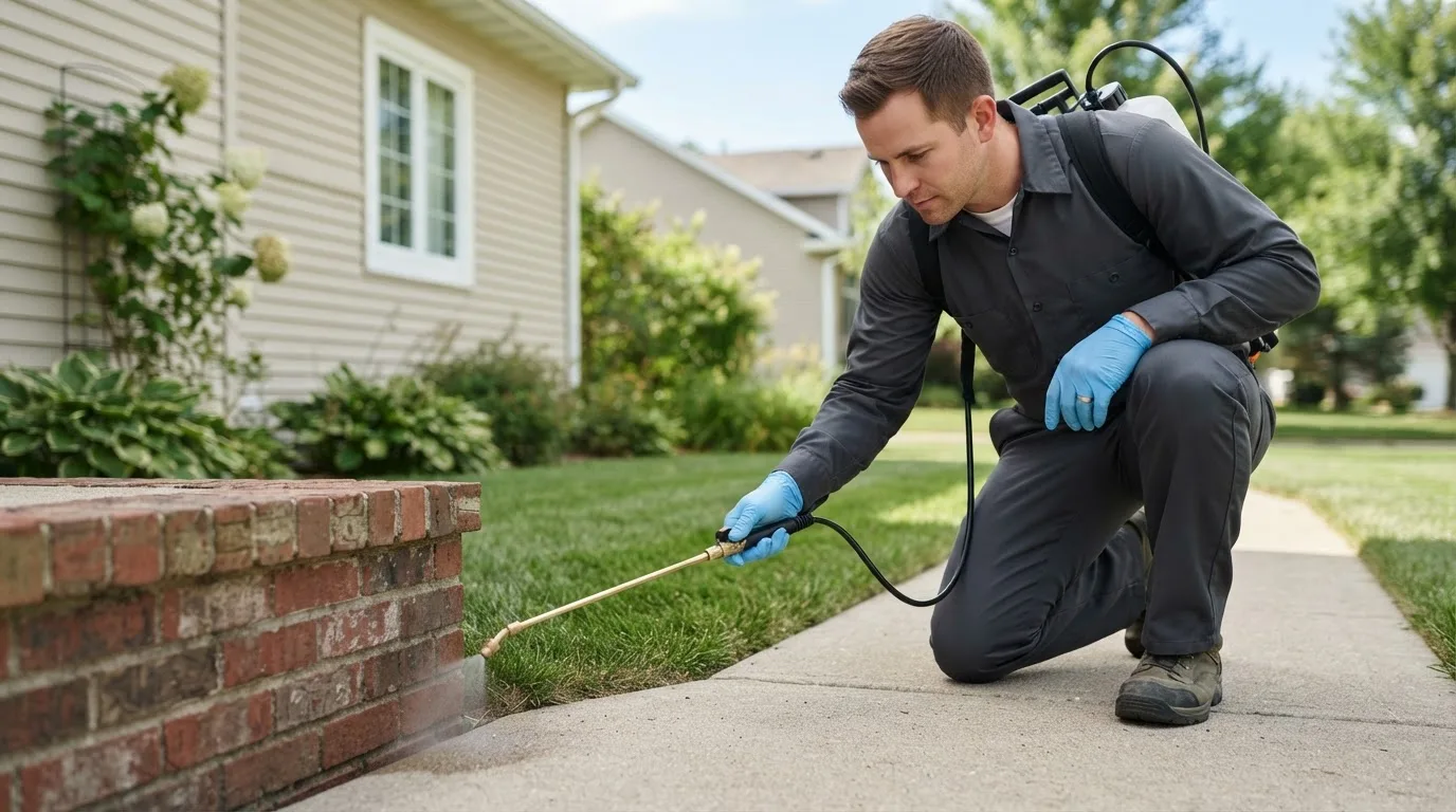 Pest control technician treating a home near West Liberty, KY